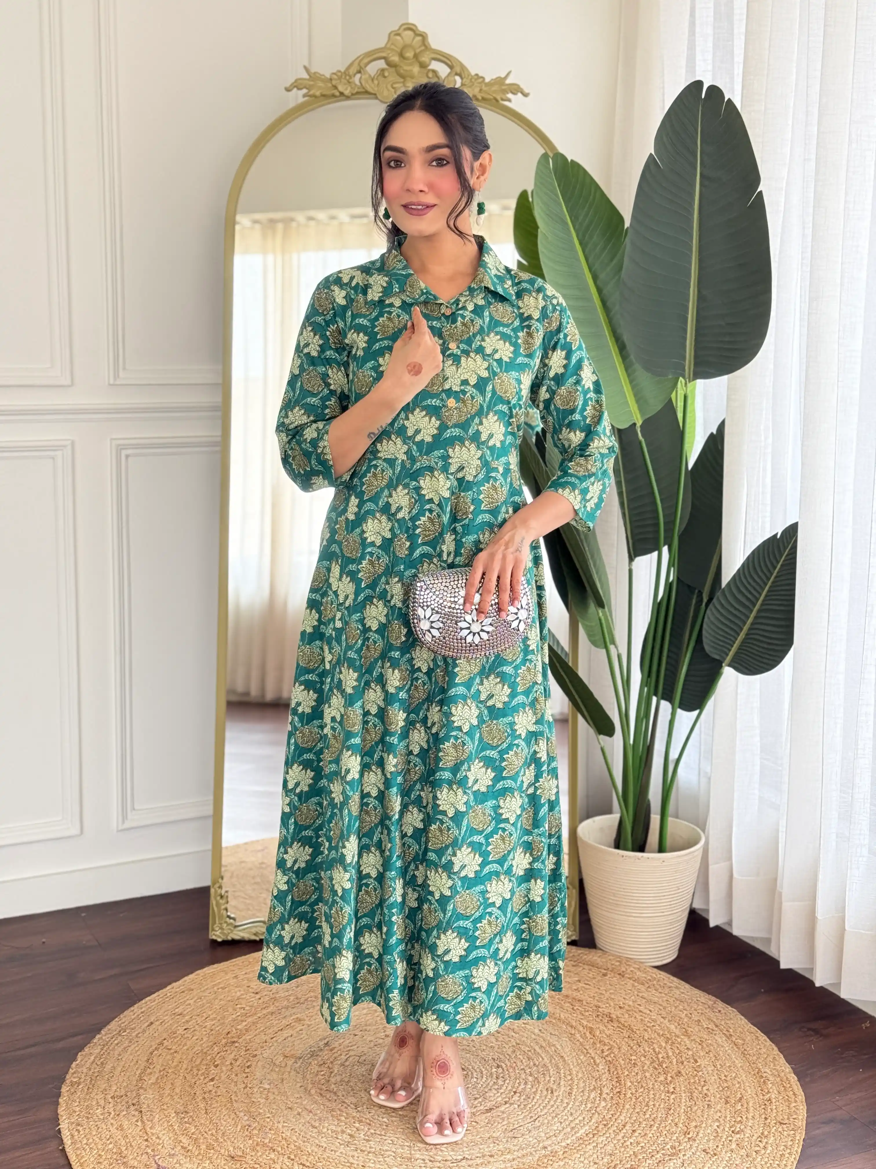 Teal Green Printed Cotton Anarkali Kurta & Trouser Set.png
